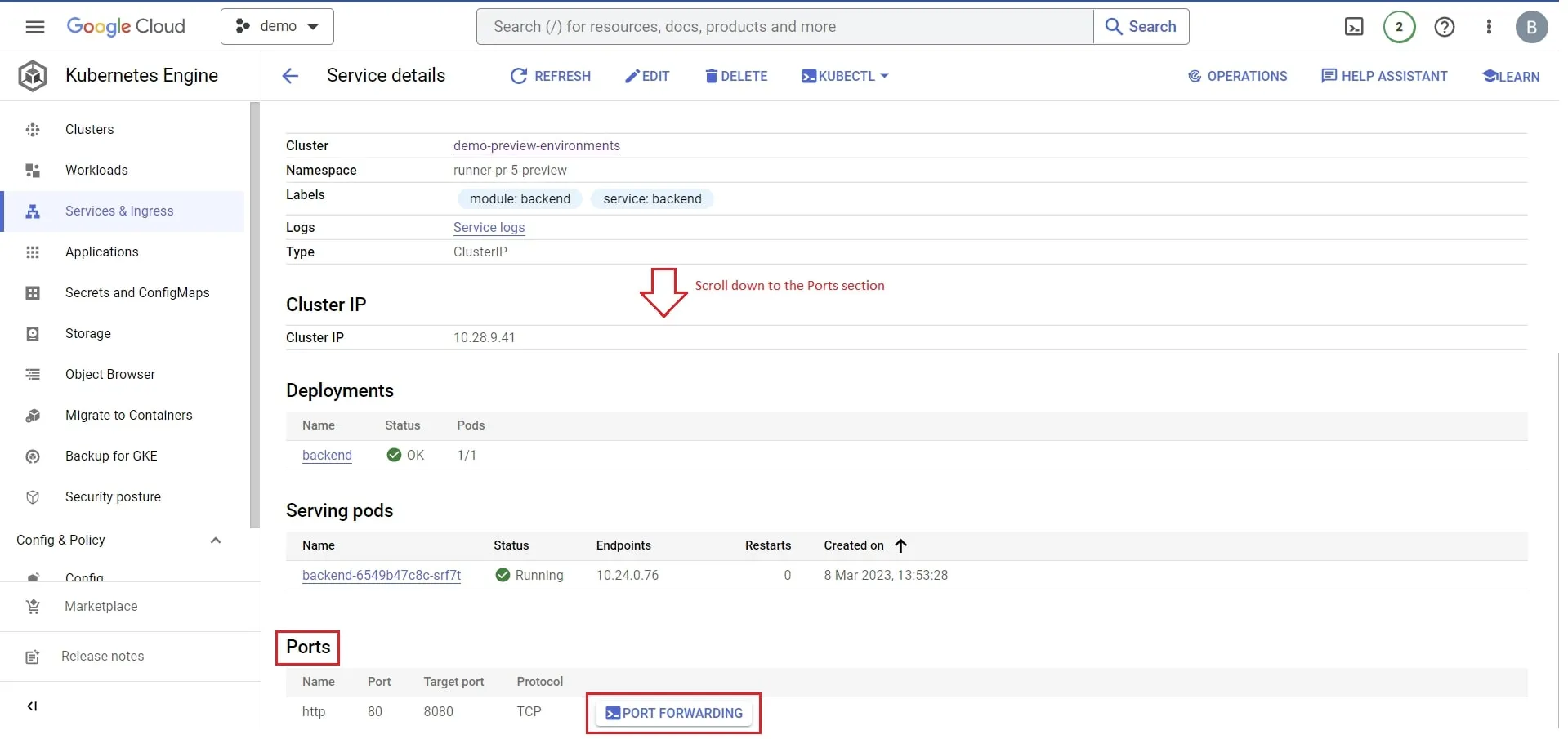 A screenshot showing the GKE Port Forwarding button